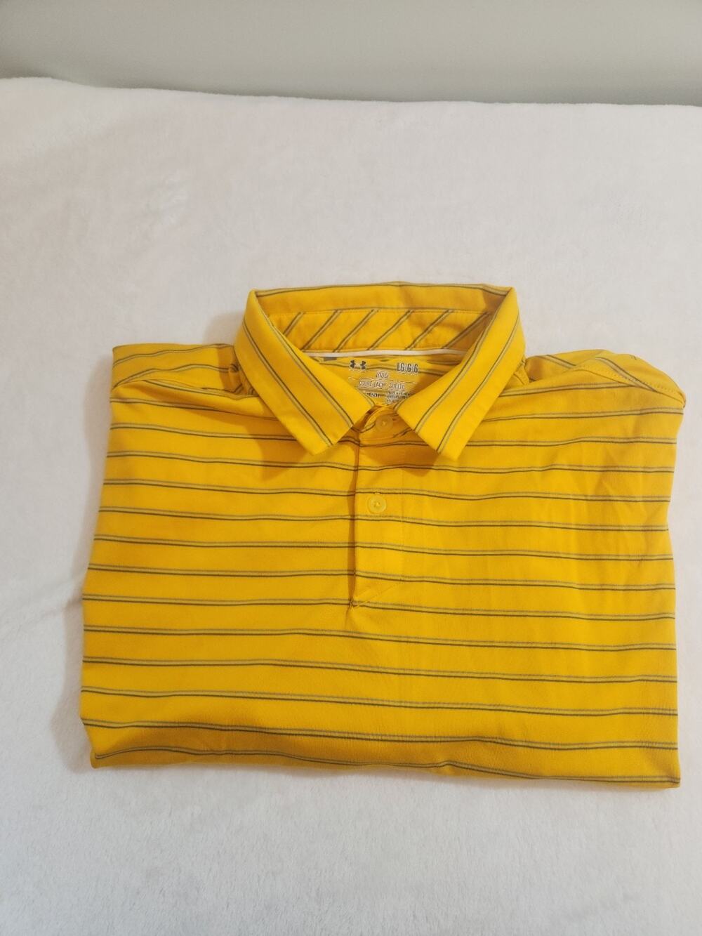 Under Armour Polo Shirt Mens Large Yellow Striped Heatgear Short Sleeve Golf